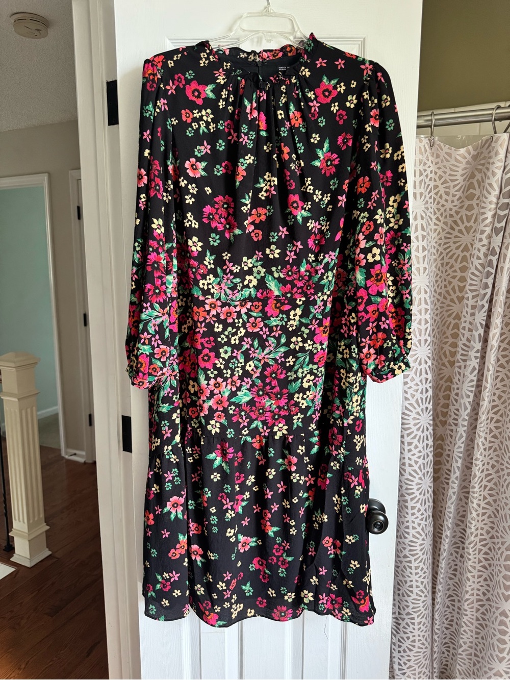 Maggy London Black Floral Long Sleeve Midi Dress with Pink and Orange Blooms
